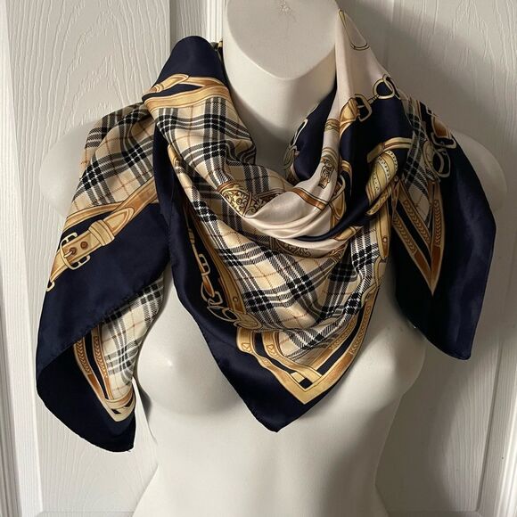 MONACO-MONTE CARLO Made In Italy Plaid Scarf 34x35 Brown Gold Navy - Picture 1 of 6